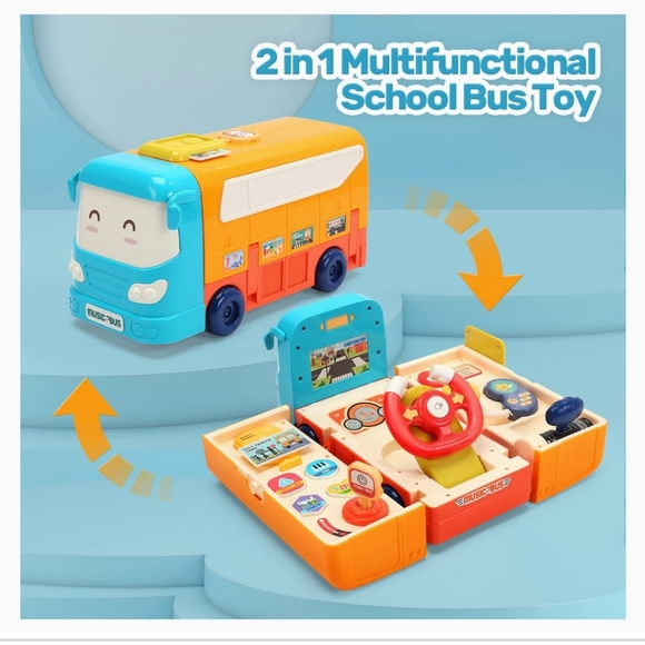 Kids Play Bus with Steering Wheel Toy, Sound and Light, Music School Bus - Picture 6 of 10